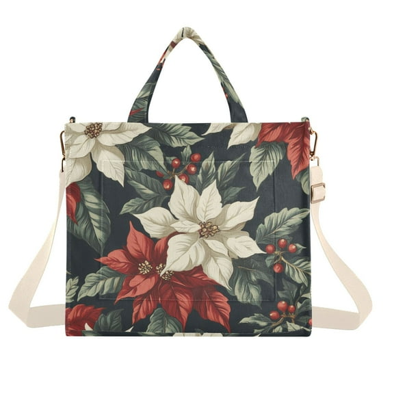 FORMRS Womens Corduroy Tote Bag Crossbody Shoulder Handbag with Pocket, White Christmas Leaves