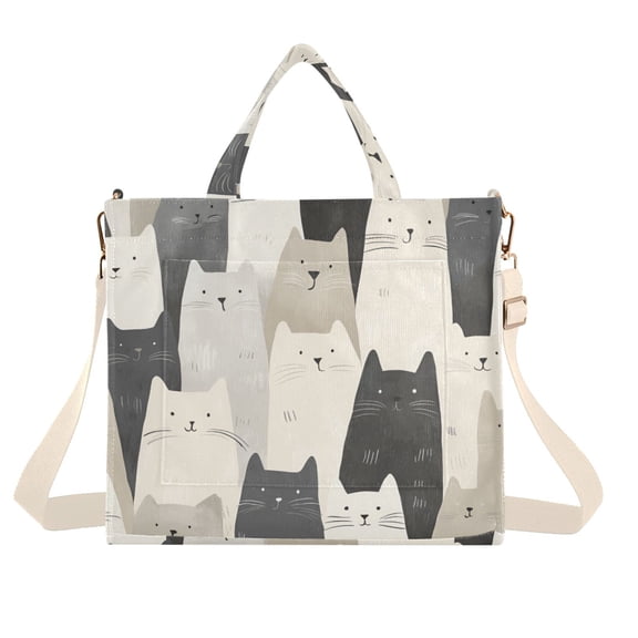 FORMRS Womens Corduroy Tote Bag Crossbody Shoulder Handbag with Pocket, White Cute Cats