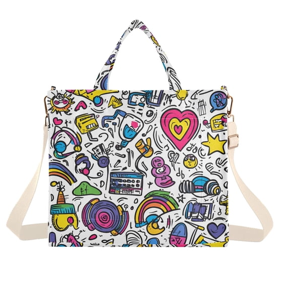 FORMRS Womens Corduroy Tote Bag Crossbody Shoulder Handbag with Pocket, White Doodle Pattern