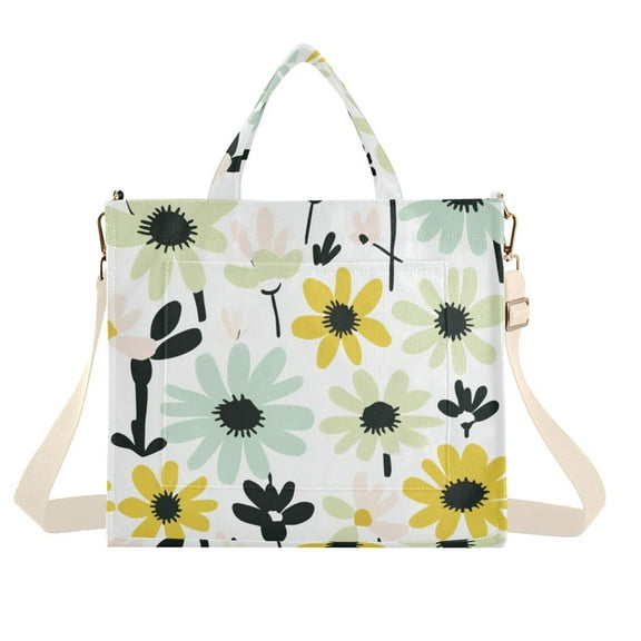 FORMRS Womens Corduroy Tote Bag Crossbody Shoulder Handbag with Pocket, White Flower