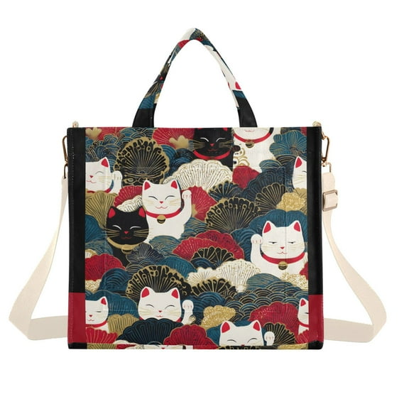 FORMRS Womens Corduroy Tote Bag Crossbody Shoulder Handbag with Pocket, White Lucky Cat