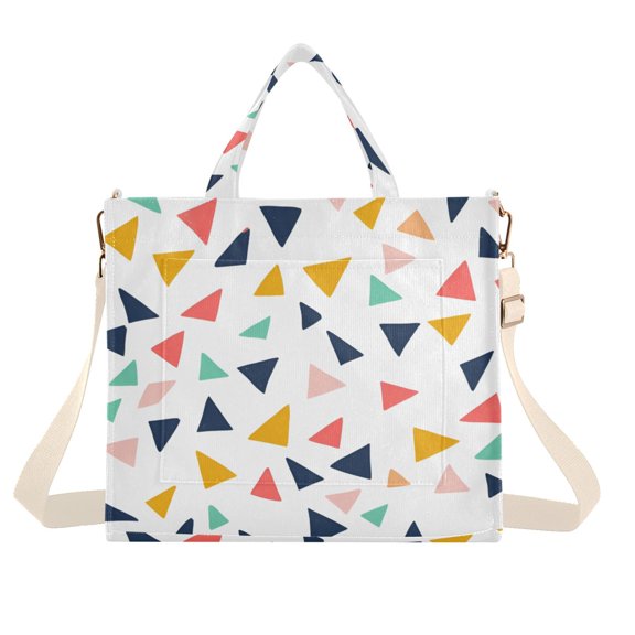 FORMRS Womens Corduroy Tote Bag Crossbody Shoulder Handbag with Pocket, White Minimalist Triangles