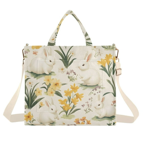 FORMRS Womens Corduroy Tote Bag Crossbody Shoulder Handbag with Pocket, White Rabbits