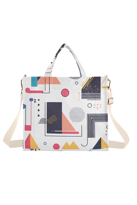 Womens Corduroy Tote Bag Crossbody Shoulder Handbag with Pocket, White Simple Shapes