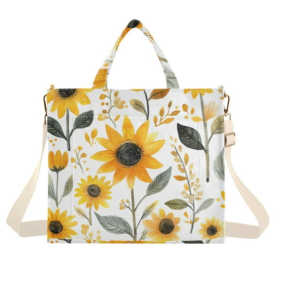 FORMRS Womens Corduroy Tote Bag Crossbody Shoulder Handbag with Pocket, White Watercolor Sunflowers