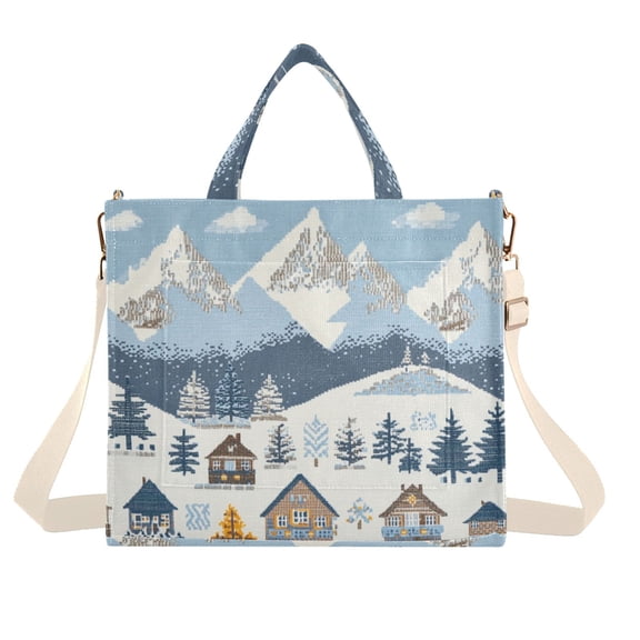 FORMRS Womens Corduroy Tote Bag Crossbody Shoulder Handbag with Pocket, Winter Village Serenity