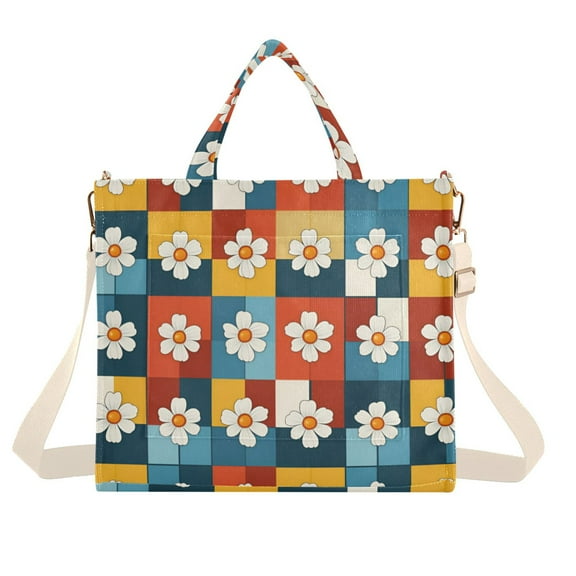 FORMRS Womens Corduroy Tote Bag Crossbody Shoulder Handbag with Pocket, Yellow Checkered Daisy