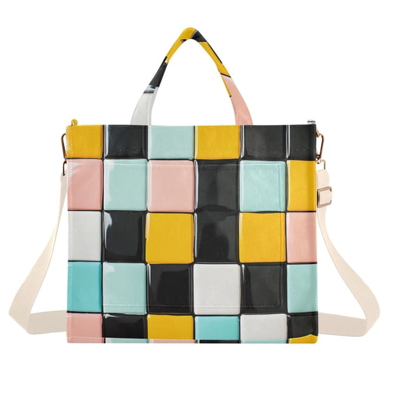 FORMRS Womens Corduroy Tote Bag Crossbody Shoulder Handbag with Pocket, Yellow Checkered Pattern