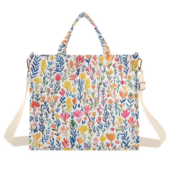FORMRS Womens Corduroy Tote Bag Crossbody Shoulder Handbag with Pocket, Yellow Wildflower Pattern
