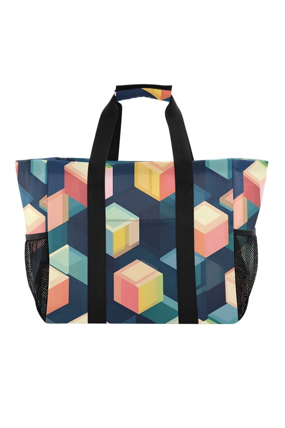 Tote Bag for Women Large Capacity Canvas Travel Foldable Carry On Shopping Handbag, Blue Cubes