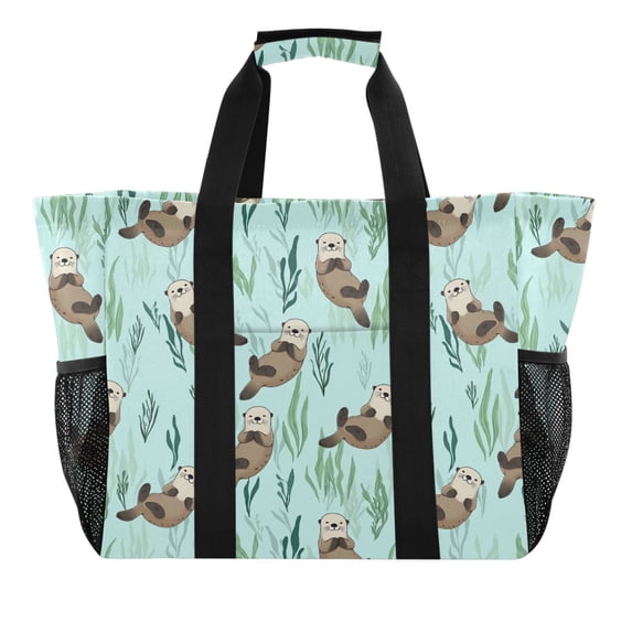 FORMRS Tote Bag for Women Large Capacity Canvas Travel Foldable Carry On Shopping Handbag, Green Otters Pattern