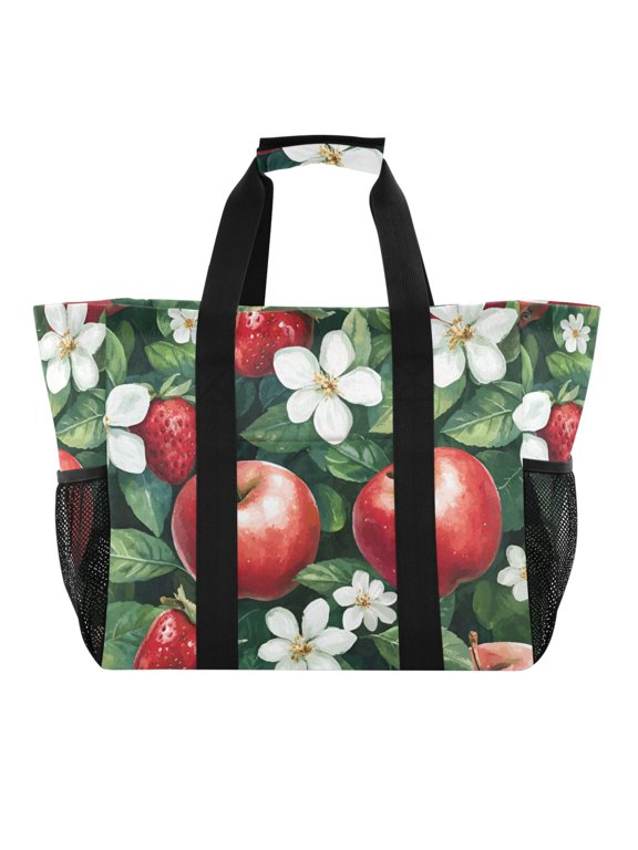 Tote Bag for Women Large Capacity Canvas Travel Foldable Carry On Shopping Handbag, Red Apple Pattern