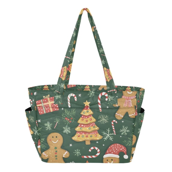 FORMRS Tote Bag for Women Quilted Large Capacity Travel Work Carry On Shoulder Handbag, Beige Christmas Gingerbread