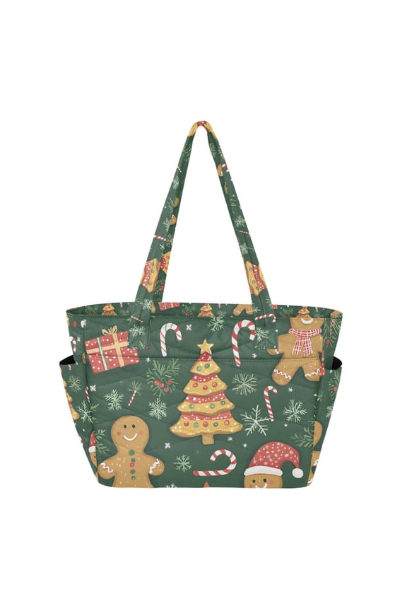 Tote Bag for Women Quilted Large Capacity Travel Work Carry On Shoulder Handbag, Beige Christmas Gingerbread