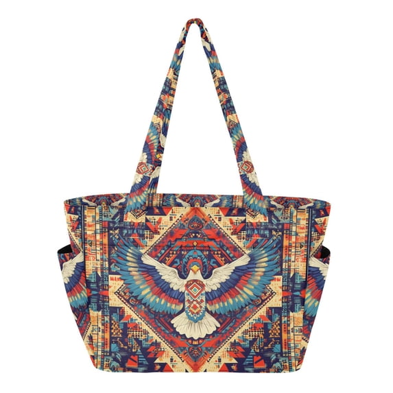 FORMRS Tote Bag for Women Quilted Large Capacity Travel Work Carry On Shoulder Handbag, Beige Geometric Eagle