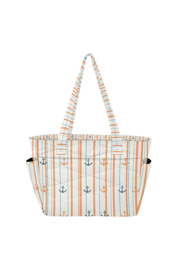 Tote Bag for Women Quilted Large Capacity Travel Work Carry On Shoulder Handbag, Beige Nautical Pattern