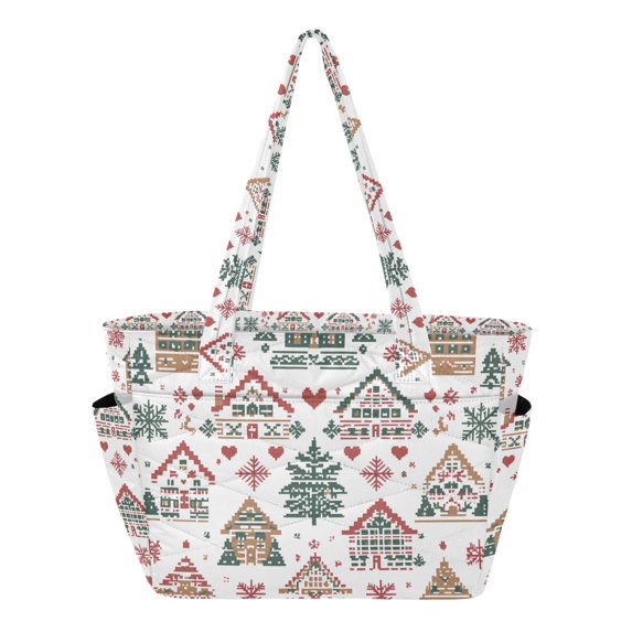 FORMRS Tote Bag for Women Quilted Large Capacity Travel Work Carry On Shoulder Handbag, Beige Nordic Christmas House