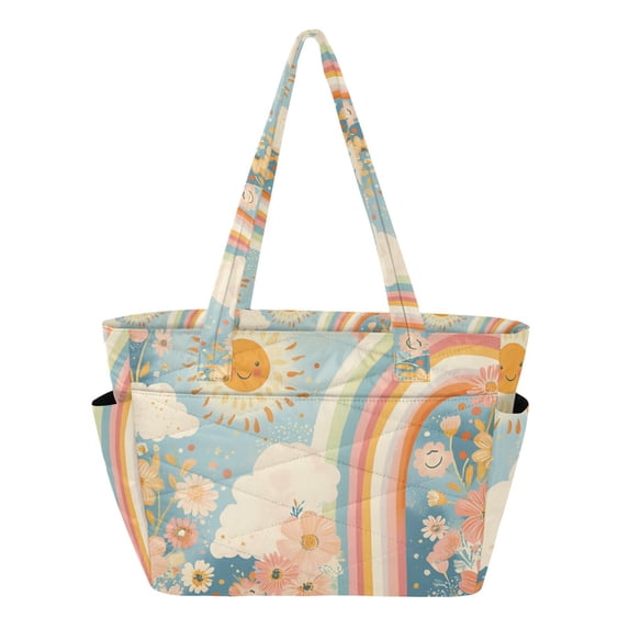 FORMRS Tote Bag for Women Quilted Large Capacity Travel Work Carry On Shoulder Handbag, Beige Rainbow Clouds