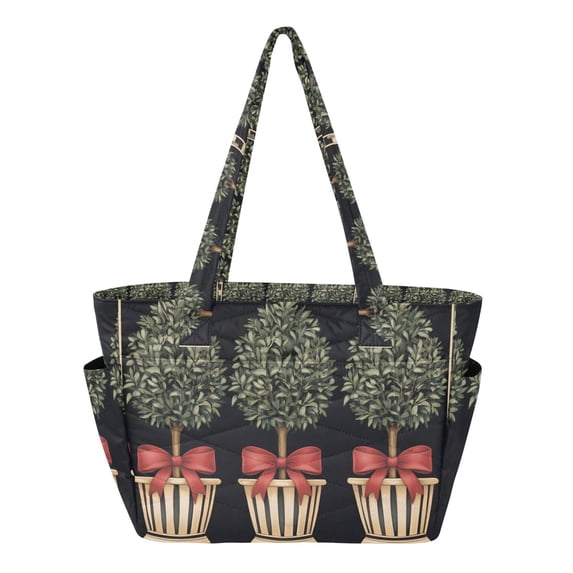 FORMRS Tote Bag for Women Quilted Large Capacity Travel Work Carry On Shoulder Handbag, Beige Striped Trees