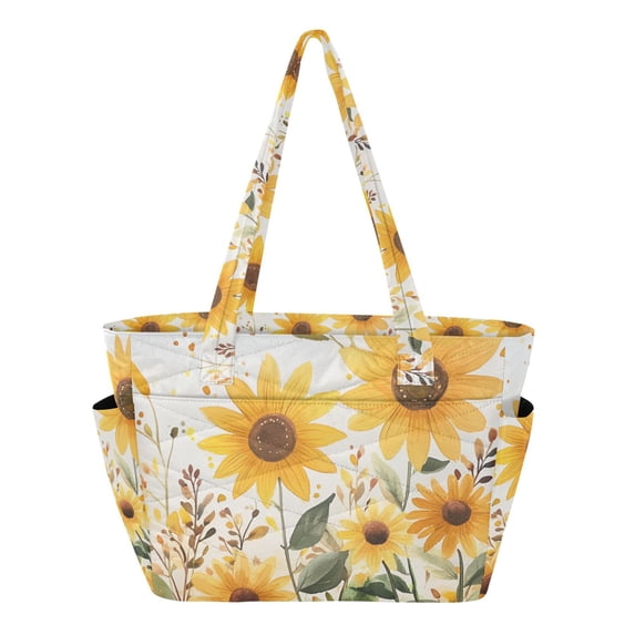FORMRS Tote Bag for Women Quilted Large Capacity Travel Work Carry On Shoulder Handbag, Beige Sunflowers