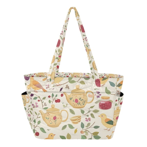 FORMRS Tote Bag for Women Quilted Large Capacity Travel Work Carry On Shoulder Handbag, Birds Tea Time