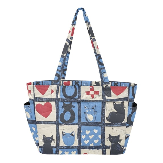 FORMRS Tote Bag for Women Quilted Large Capacity Travel Work Carry On Shoulder Handbag, Black Cats and Hearts