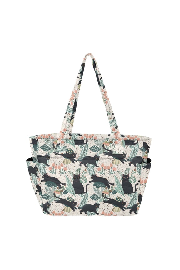 Tote Bag for Women Quilted Large Capacity Travel Work Carry On Shoulder Handbag, Black Floral Cat Pattern
