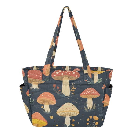 FORMRS Tote Bag for Women Quilted Large Capacity Travel Work Carry On Shoulder Handbag, Black Mushroom Pattern