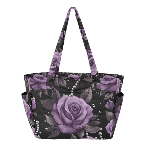 FORMRS Tote Bag for Women Quilted Large Capacity Travel Work Carry On Shoulder Handbag, Black Roses
