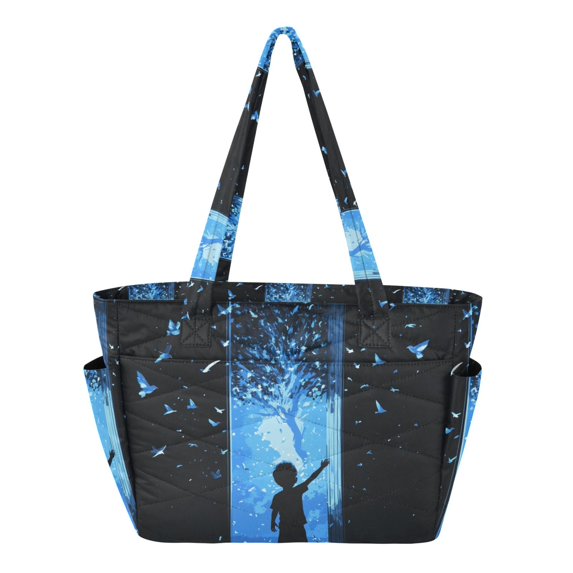 FORMRS Tote Bag for Women Quilted Large Capacity Travel Work Carry On Shoulder Handbag, Blue Butterfly