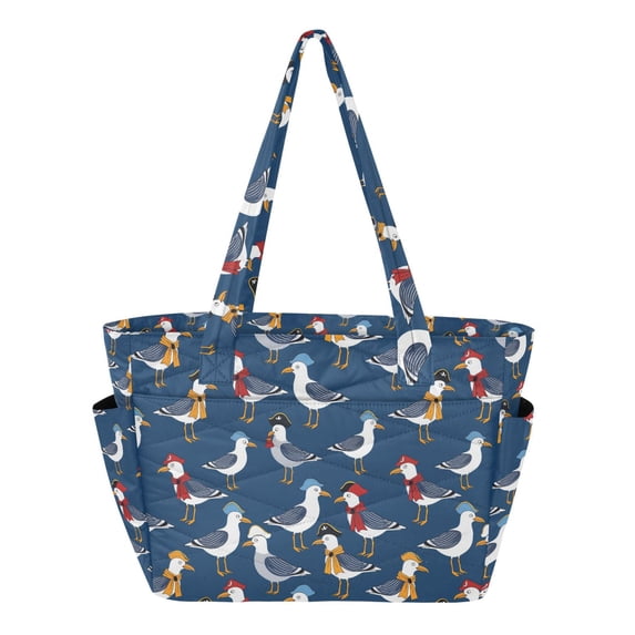 FORMRS Tote Bag for Women Quilted Large Capacity Travel Work Carry On Shoulder Handbag, Blue Cartoon Birds Pattern
