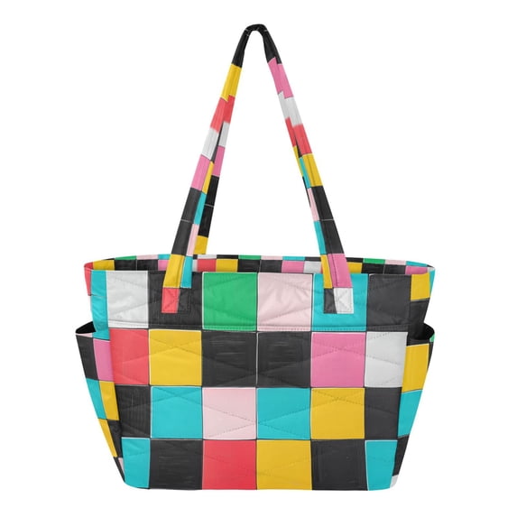 FORMRS Tote Bag for Women Quilted Large Capacity Travel Work Carry On Shoulder Handbag, Blue Checkered Pattern