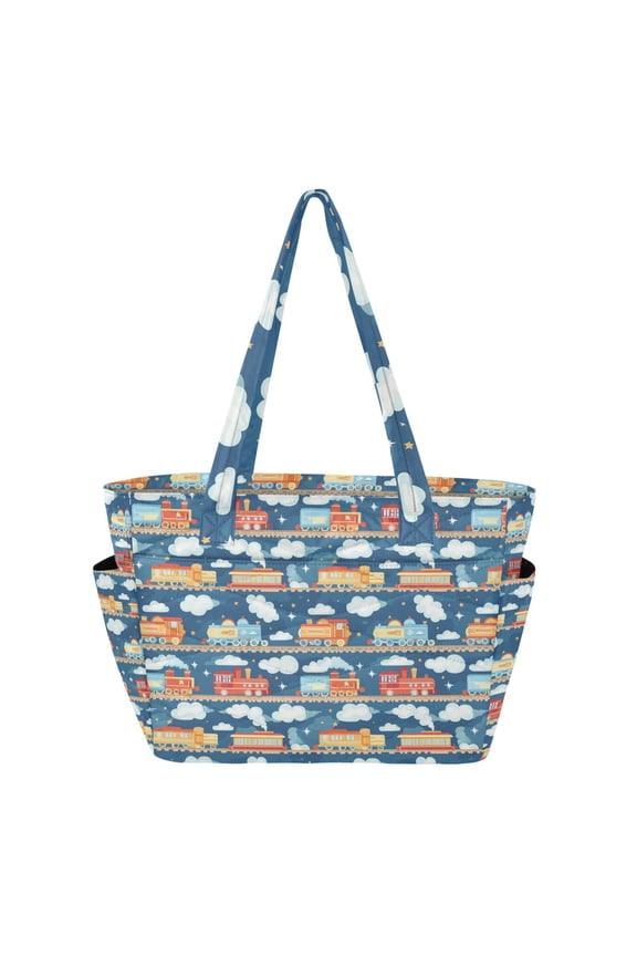Tote Bag for Women Quilted Large Capacity Travel Work Carry On Shoulder Handbag, Blue Cute Train Pattern