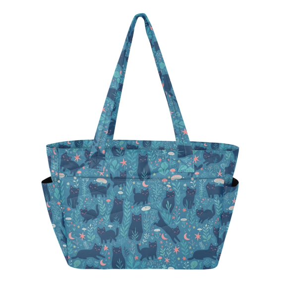 FORMRS Tote Bag for Women Quilted Large Capacity Travel Work Carry On Shoulder Handbag, Blue Forest Cat Pattern
