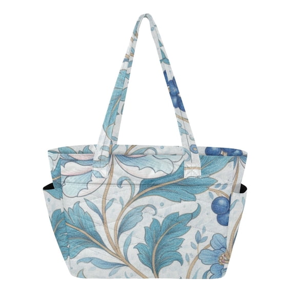 FORMRS Tote Bag for Women Quilted Large Capacity Travel Work Carry On Shoulder Handbag, Blue Leaves Pattern