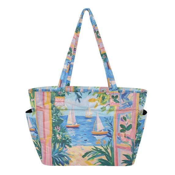 FORMRS Tote Bag for Women Quilted Large Capacity Travel Work Carry On Shoulder Handbag, Blue Seaside