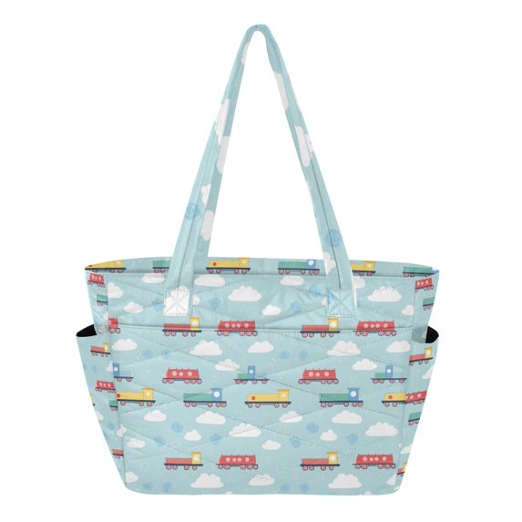 FORMRS Tote Bag for Women Quilted Large Capacity Travel Work Carry On Shoulder Handbag, Blue Trains Pattern