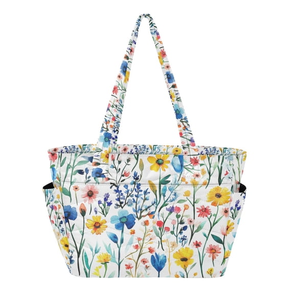 FORMRS Tote Bag for Women Quilted Large Capacity Travel Work Carry On Shoulder Handbag, Blue Wildflower Pattern