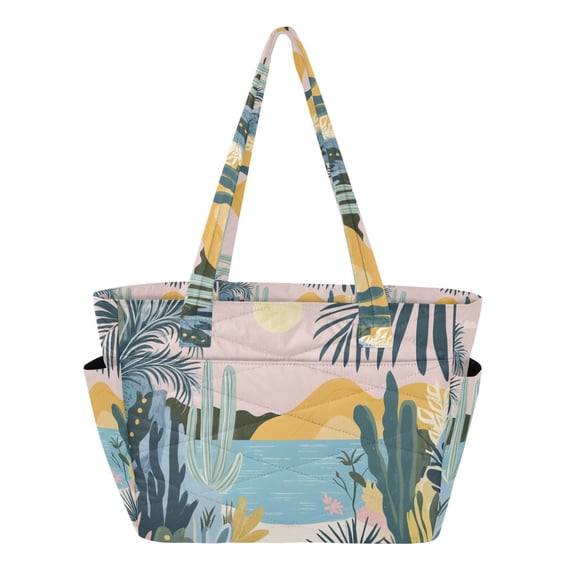 FORMRS Tote Bag for Women Quilted Large Capacity Travel Work Carry On Shoulder Handbag, Boho Style Sun