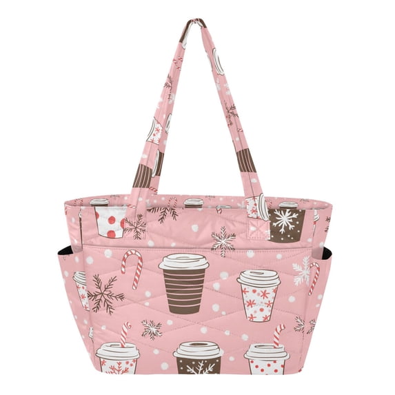 FORMRS Tote Bag for Women Quilted Large Capacity Travel Work Carry On Shoulder Handbag, Brown Hand Drawn Cups
