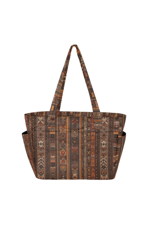 Tote Bag for Women Quilted Large Capacity Travel Work Carry On Shoulder Handbag, Brown Tribal Pattern