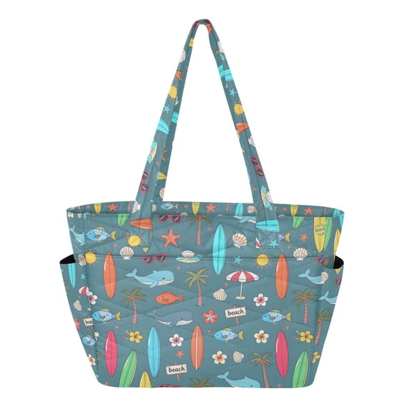 FORMRS Tote Bag for Women Quilted Large Capacity Travel Work Carry On Shoulder Handbag, Cartoon Beach Pattern