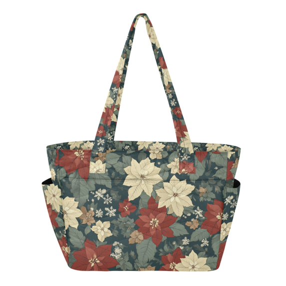 FORMRS Tote Bag for Women Quilted Large Capacity Travel Work Carry On Shoulder Handbag, Christmas Blooms
