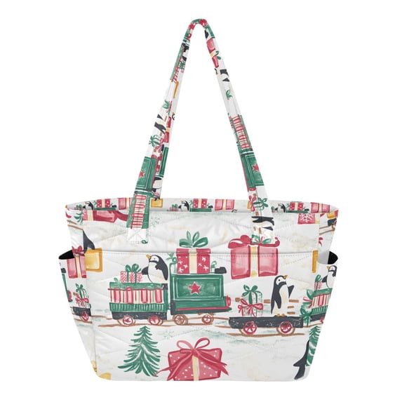 FORMRS Tote Bag for Women Quilted Large Capacity Travel Work Carry On Shoulder Handbag, Christmas Train