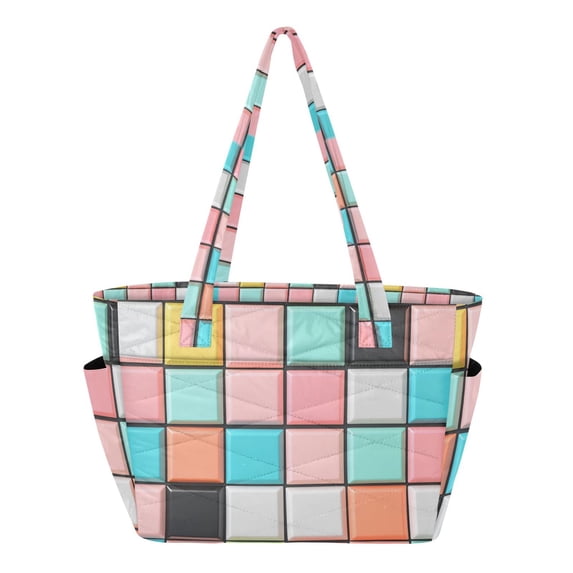 FORMRS Tote Bag for Women Quilted Large Capacity Travel Work Carry On Shoulder Handbag, Colorful Checkered Pattern