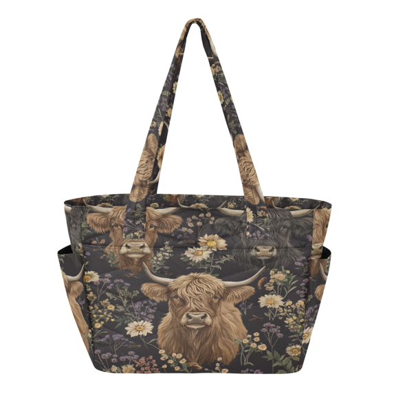 FORMRS Tote Bag for Women Quilted Large Capacity Travel Work Carry On Shoulder Handbag, Cows and Flowers