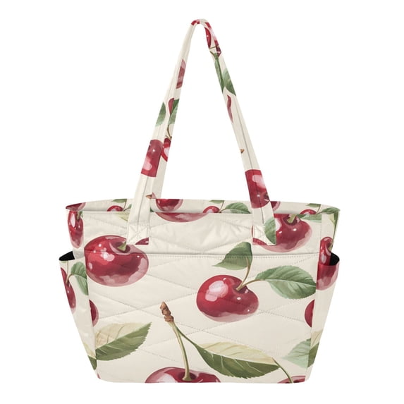 FORMRS Tote Bag for Women Quilted Large Capacity Travel Work Carry On Shoulder Handbag, Cute Cherry