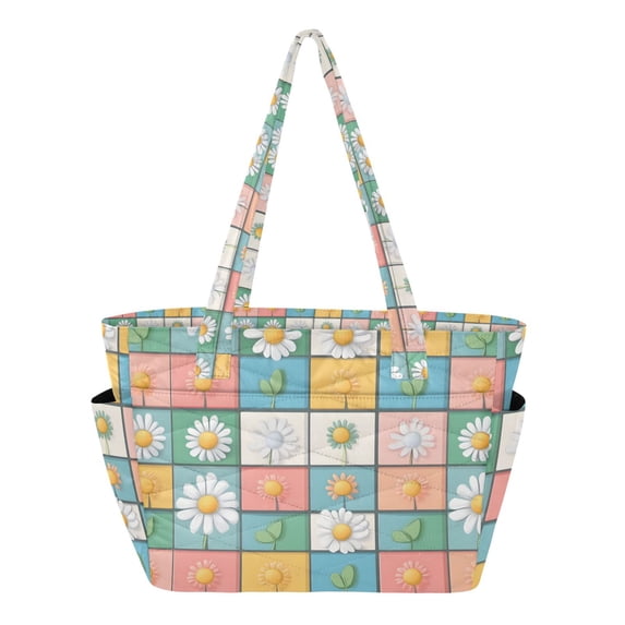 FORMRS Tote Bag for Women Quilted Large Capacity Travel Work Carry On Shoulder Handbag, Daisy Mosaic