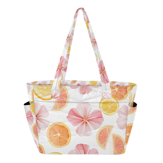 FORMRS Tote Bag for Women Quilted Large Capacity Travel Work Carry On Shoulder Handbag, Floral Orange