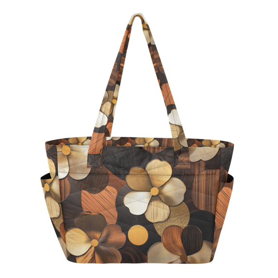 FORMRS Tote Bag for Women Quilted Large Capacity Travel Work Carry On Shoulder Handbag, Gold Flower
